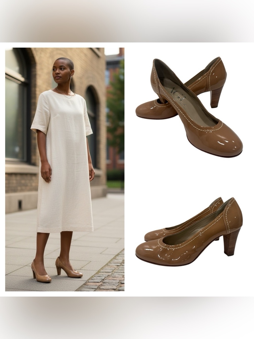 AGL Tan Patent Leather Low Heel Pumps size 38.5 US 8